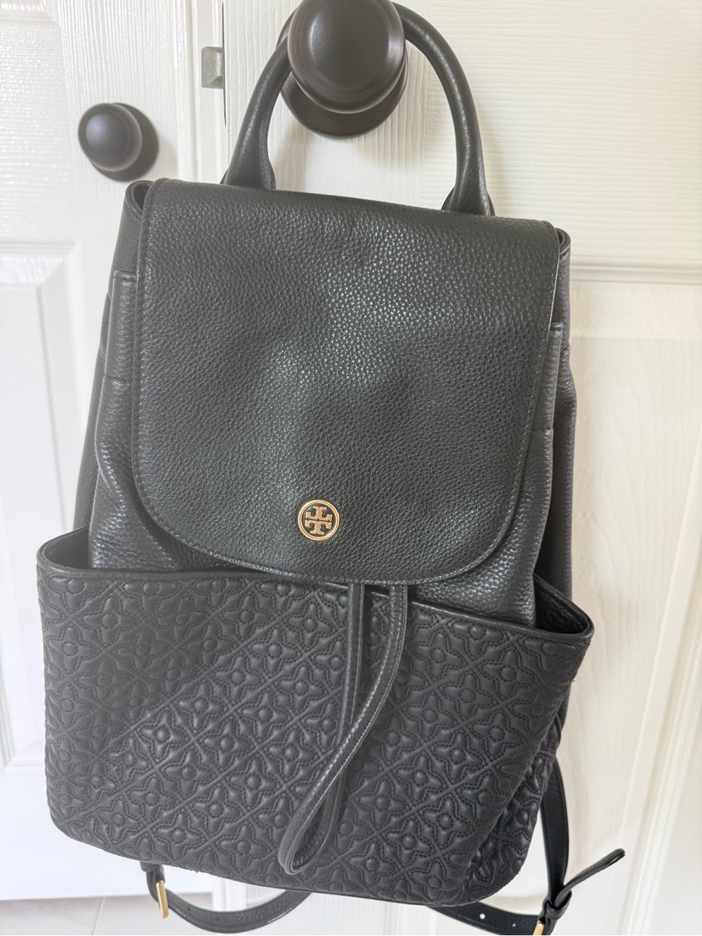 Tory Burch Black Quilted Logo Drawstring Backpack